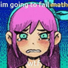 a cartoon girl with pink hair and green eyes is crying with the words im going to fail assembly wtf above her