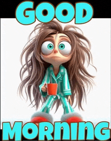 a cartoon girl in pajamas is holding a cup of coffee and saying good morning .