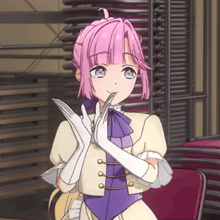 a girl with pink hair and white gloves holds a fork in her mouth