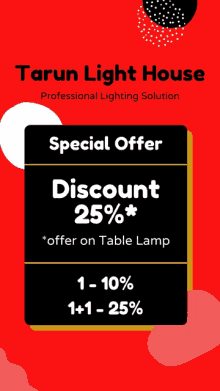 an advertisement for tarun light house offers a discount of 25% on table lamps