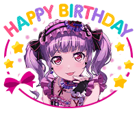 a happy birthday sticker with a girl with purple hair and red eyes