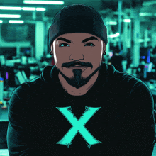 a man with a beard wearing a black hoodie with a blue x on it