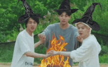 three boys wearing witch hats are standing around a fire .