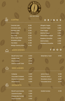 a menu for bean machine coffee shows a list of drinks and desserts