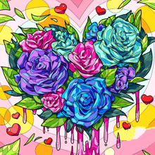 a heart shaped bouquet of blue and pink roses with hearts around it