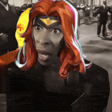 a painting of a woman with red hair and a yellow face in the background