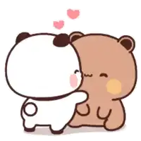 a panda and a brown bear are kissing each other with hearts in the background .