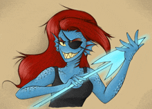 a drawing of a woman with red hair holding a blue spear