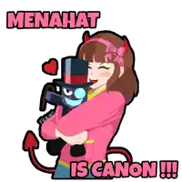 a girl with devil horns is hugging a toy that says menahat is canon !!!