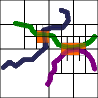 a grid of squares with a blue line going through the middle