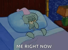 squidward from spongebob squarepants is laying in a bed with a nightcap on his head .