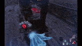 a person in a video game with a blue tail and red flames