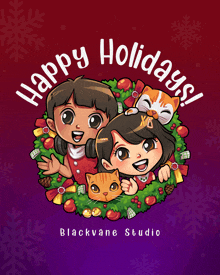 a poster that says happy holidays with two children and a cat