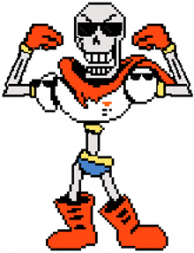 a pixel art of a skeleton wearing sunglasses and boots flexing his muscles