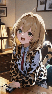 a girl in a leopard print shirt sits at a desk