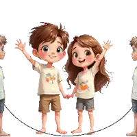a boy and a girl are jumping rope together