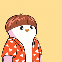 a cartoon of a penguin wearing an orange shirt with white triangles on it