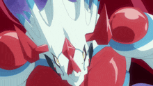 a close up of a red and white anime character with yellow eyes
