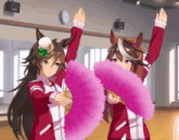a couple of anime girls holding pink fans in their hands