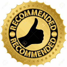 a gold recommended sticker with a thumbs up