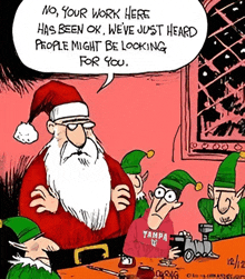 a cartoon of a man wearing a tampa shirt talking to santa claus