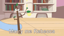 a cartoon character says marry me rebecca in front of bookshelves