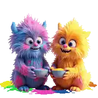 a blue and a yellow stuffed animal are holding cups of food