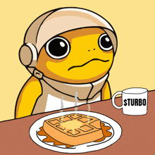 a cartoon character is sitting at a table with a plate of waffles and a cup that says turbo