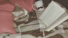 a cat is wrapped in a blanket reading a book next to a mug with a mustache on it