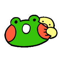 a green frog with red and yellow feathers is holding a yellow bird