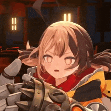 a girl in a red and yellow jacket is holding a giant claw