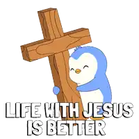 a penguin is holding a wooden cross with the words life with jesus is better below it