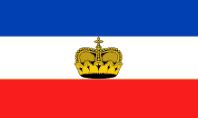 a blue white and red flag with a gold crown on it