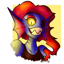 a drawing of a monster with a yellow eye and a red hair