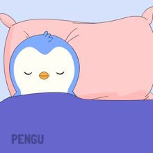 a cartoon of two penguins sleeping in a bed with the word pengu on the bottom