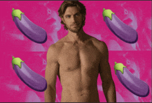 a shirtless man is surrounded by purple eggplants