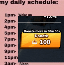 a screenshot of a daily schedule with a donate more in 30m 00s button