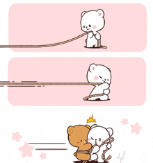 two teddy bears are pulling a rope together .