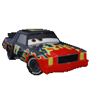 a toy car from the movie cars with flames on it 's body .