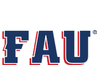 a red and blue logo for fau with a r on the bottom