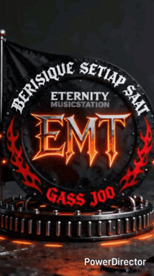 a sign that says eternity musicstation with a person in the background