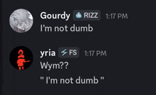 a screenshot of a conversation between gourdy and rizz