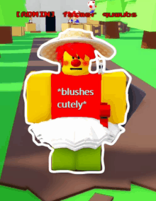 a cartoon character is wearing a red shirt that says " blushes cutely "