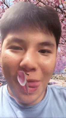 a man with a flower in his mouth and a cherry blossom tree in the background