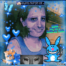 a picture of a man with a bunny holding a knife and the words bdsm boyam dumbass fuck on the bottom