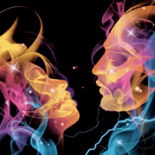 a painting of a man and woman 's faces surrounded by colorful smoke and lightning