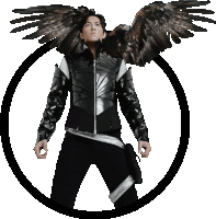 a man in a black and silver jacket with eagle wings is standing in a circle