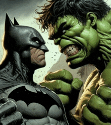 batman and the hulk are facing each other in a comic book scene