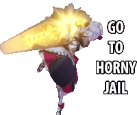 a picture of a girl with a sword and the words go to horny jail below her