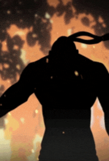 a silhouette of a man with a ponytail standing in front of a fire